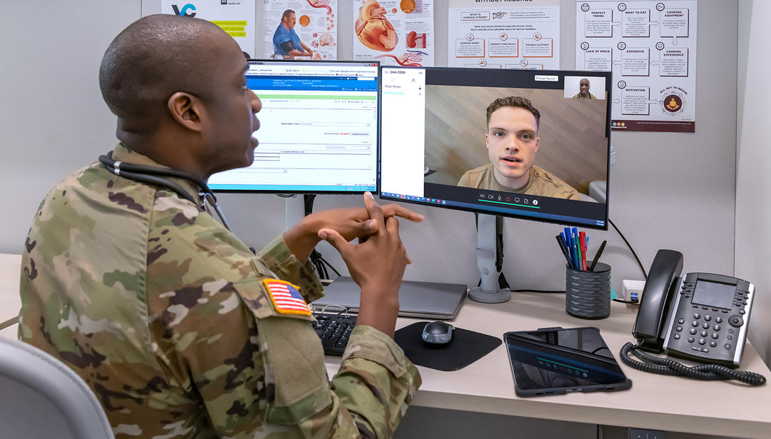Military doctor and patient on virtual call