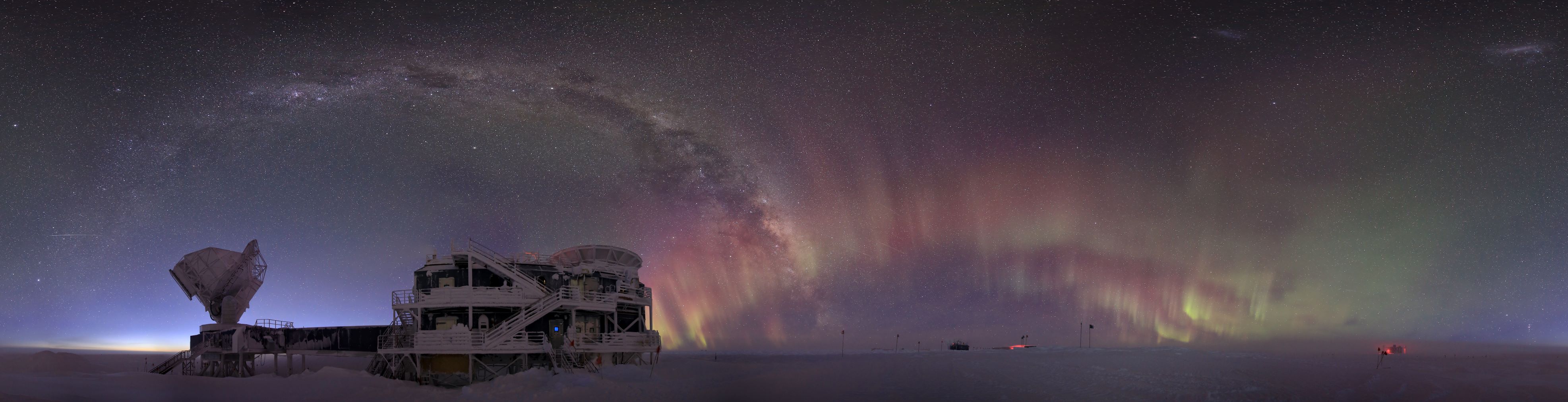 South Pole Telescope and auroras in the night sky