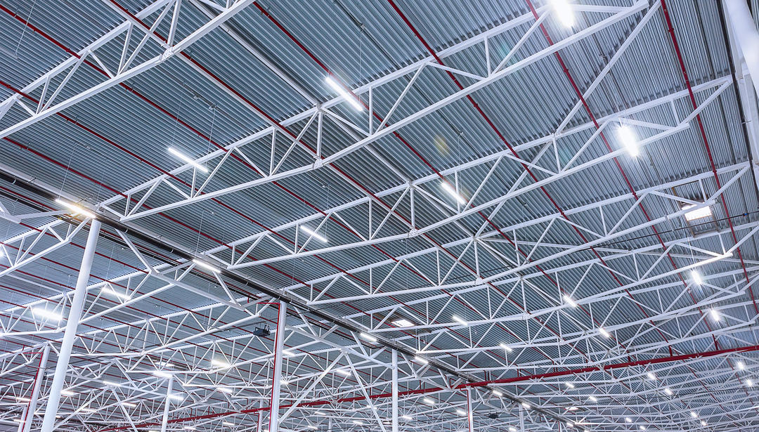 Lit warehouse ceiling