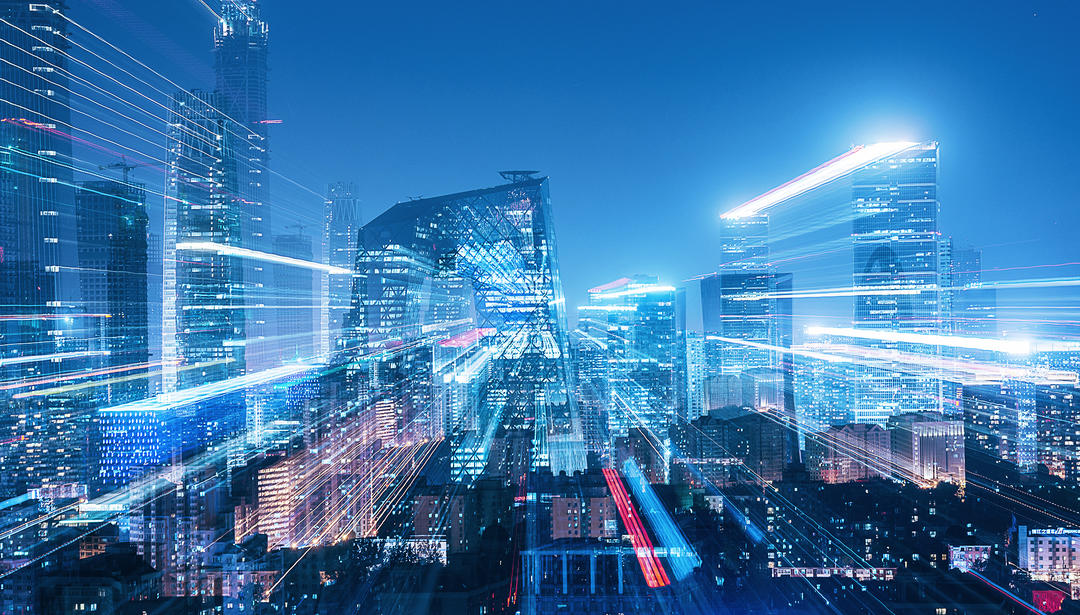 skyline with illustration of movement through the buildings