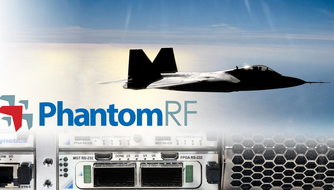 Rendering of radio with PhantomRF logo with a fighter jet in the background