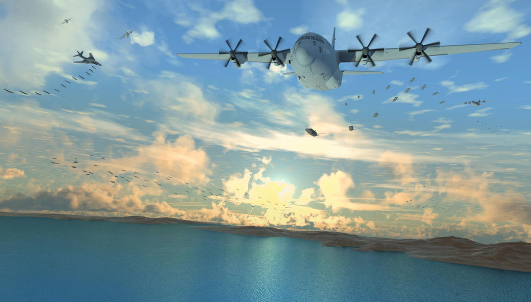 Rendering of military aircraft launching gremlins from the aircraft over the coast