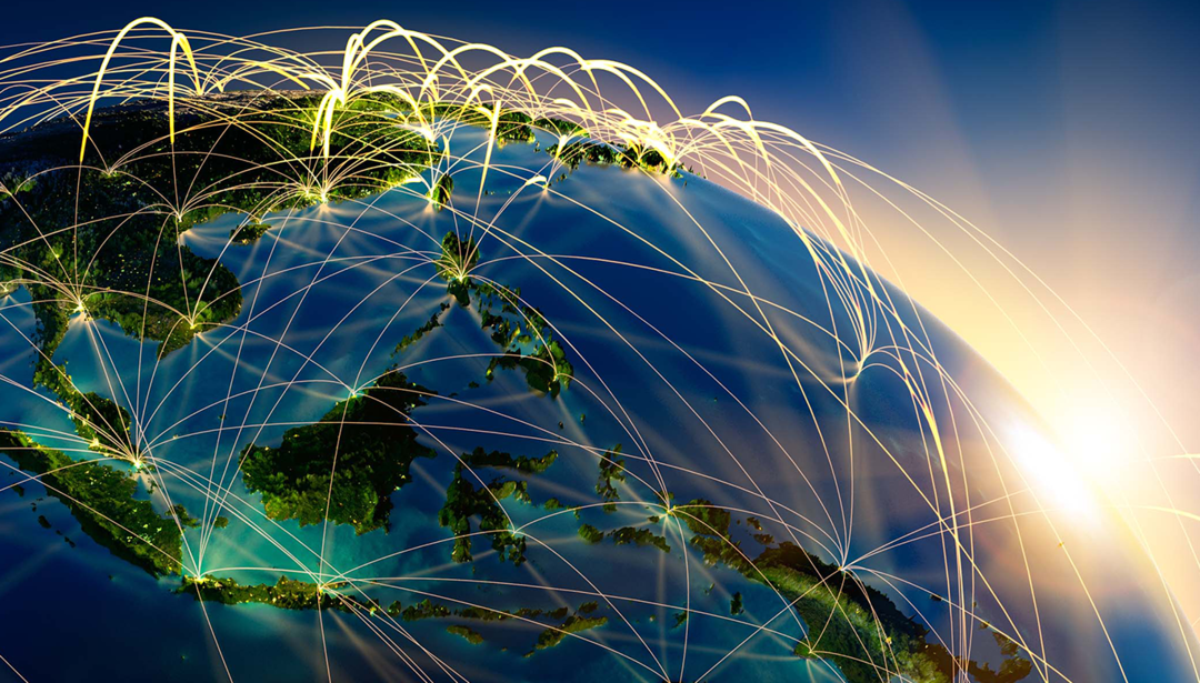 Globe with sun peeking over and connections to countries illustrated