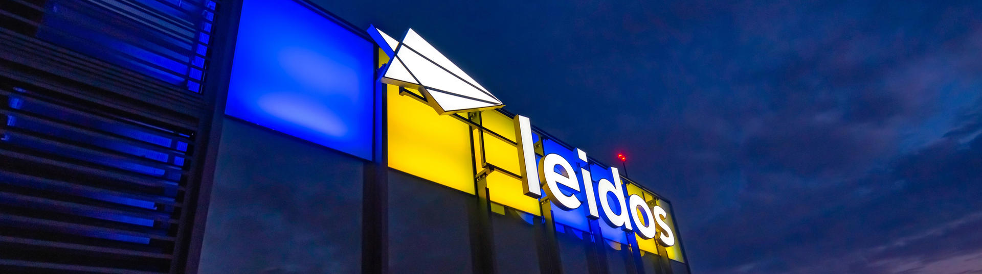 Leidos HQ building with yellow and blue accent lights