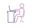 person sitting at desk in front of laptop icon