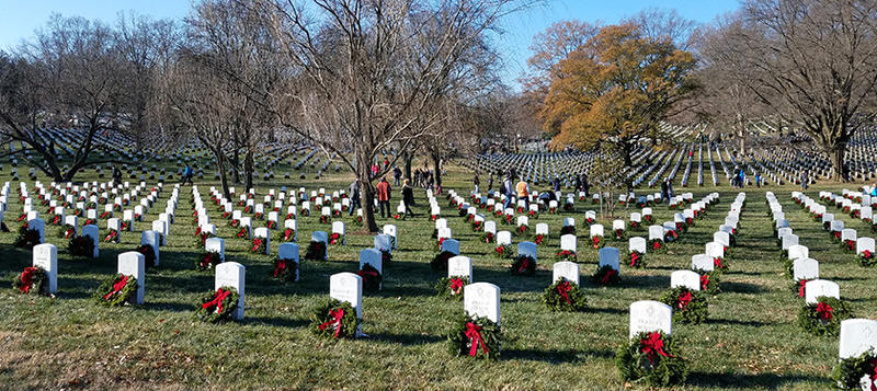 Wreaths at Arlington National Cemetary A wide shot of Arlington National Cemetary on National Wreaths Across America Day.