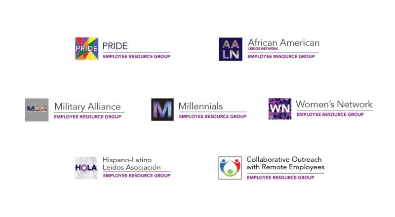 Logos of the seven Employee Resource Groups at Leidos