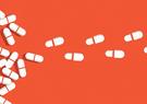 Illustration of pile of pills transitioning into steps towards recovery