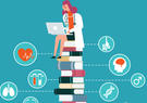 female scientist on stack of books