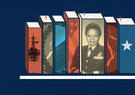 An illustration of Rear Admiral Lillian Fishburne and other Navy imagery across the spines of books on a shelf