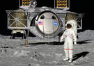 Astronaut next to Human Landing System on the moon