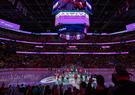 Capital One Arena lit up in purple before an NHL hockey game