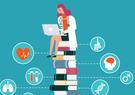 A doctor sitting on top of a stack of books