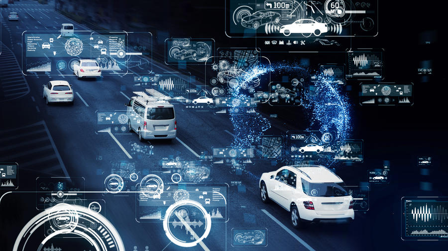 vehicles on the road with information dashboard