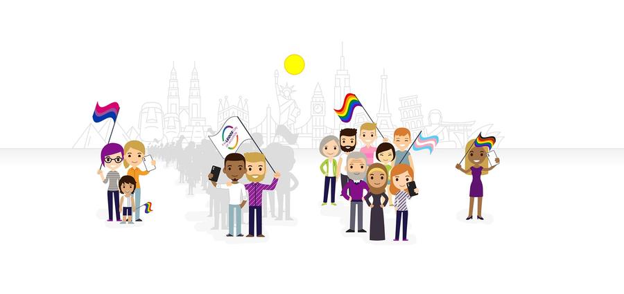 illustration of diverse individuals holding rainbow Pride flags