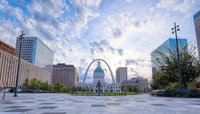 Downtown St Louis with Gateway Arch in distance