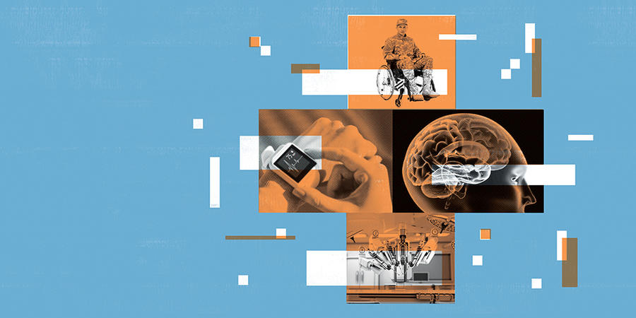 An illustration of healthcare themes, including a wounded veteran, wearable technology, the human brain and a robotic surgeon