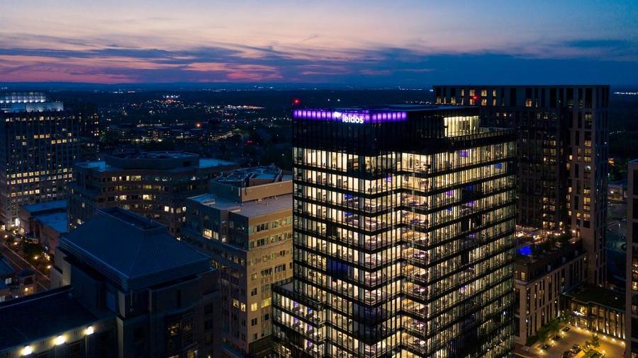 An aerial view of Leidos Global Headquarters at dusk