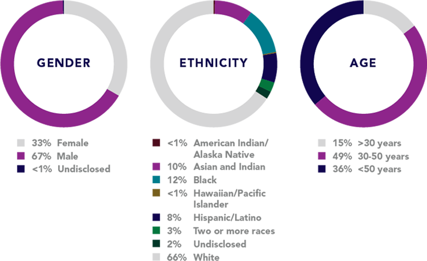 Employee demographics for gender, ethnicity, and age
