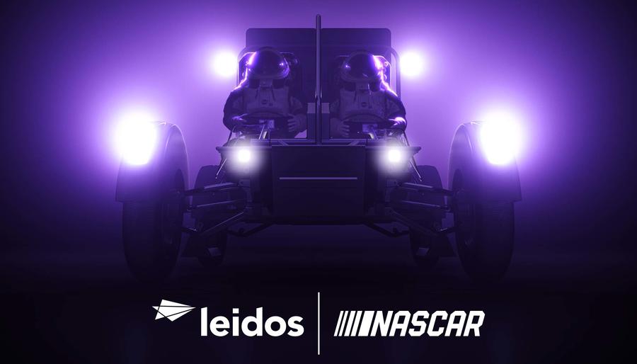A lunar rover with its headlights on and two astronauts onboard drives through a hazy purple background. The Leidos and NASCAR logo announce a collaboration.