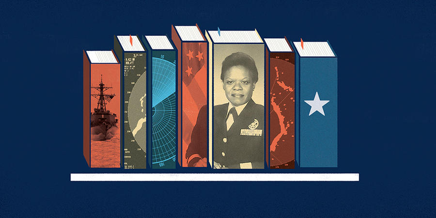 An illustration of Rear Admiral Lillian Fishburne and other Navy imagery across the spines of books on a shelf