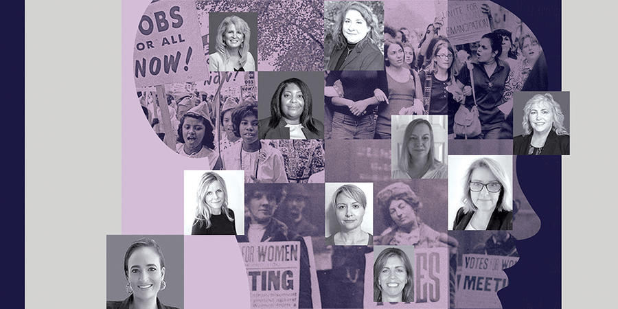 A collage of pictures of Leidos women interspersed with historical photos of the Women's movement