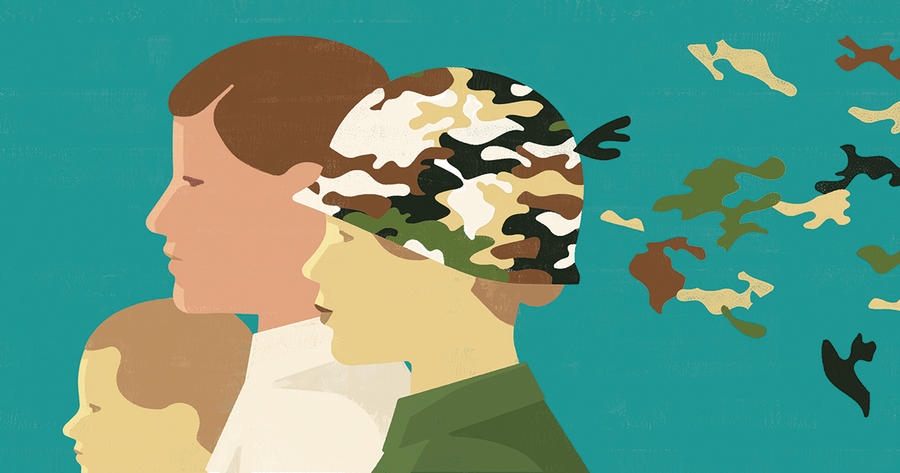 Illustration of military family shedding camouflage