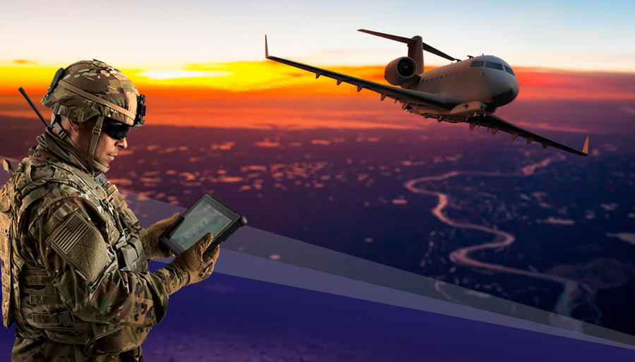Artist rendering of soldier using tablet with plane flying