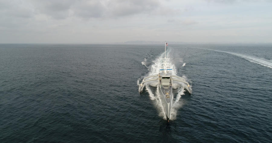 aerial photo of Sea Hunter autonomously navigating the ocean