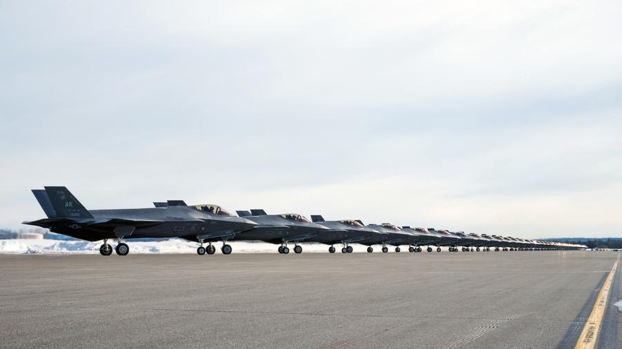 A formation of fighter jets at Eielson Air Force Base in Alaska