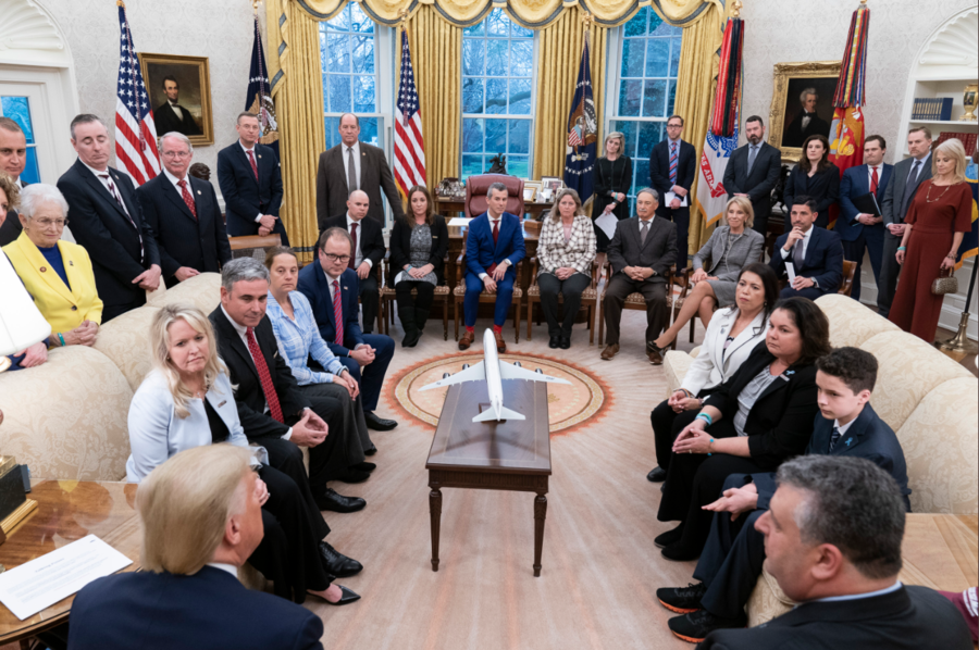 photograph of a roundtable discussion at the White House with President Trump and families affected by the 2018 Parkland High School shooting