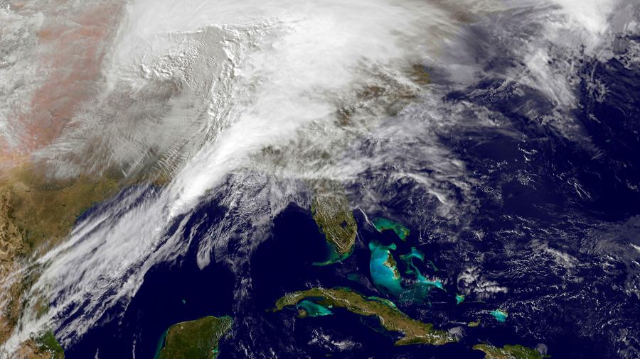 A satellite image of a winter storm over the U.S.