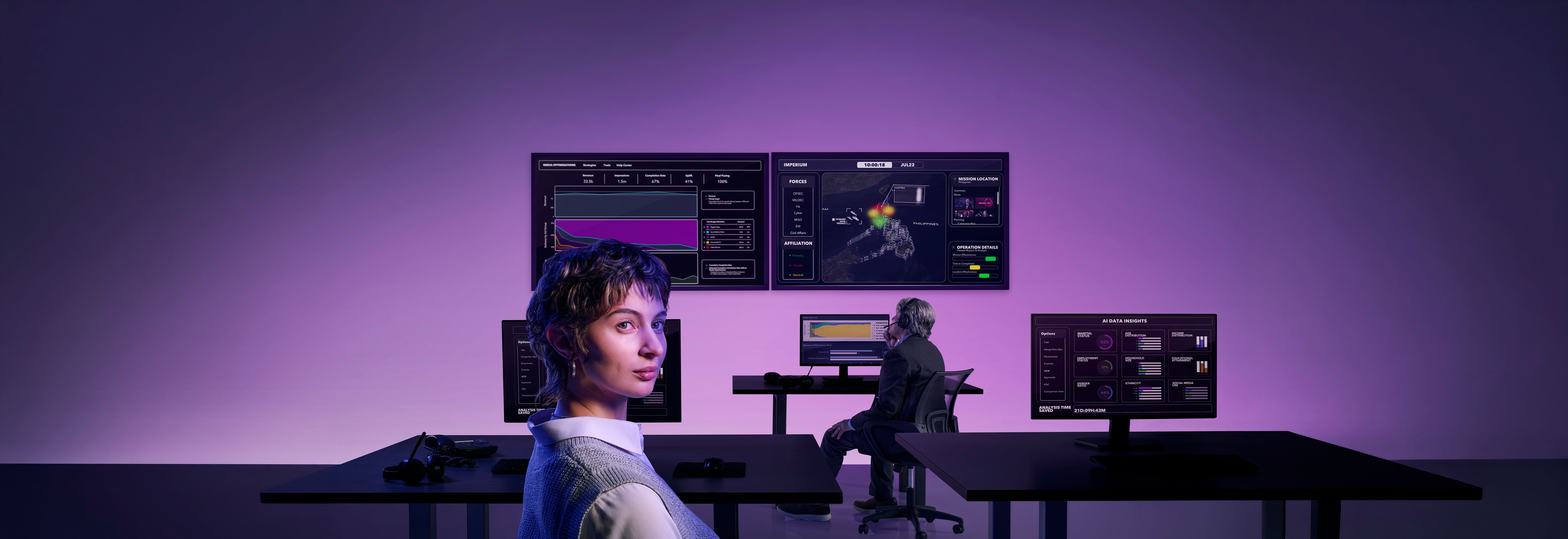 woman in front of large computer bays displaying data