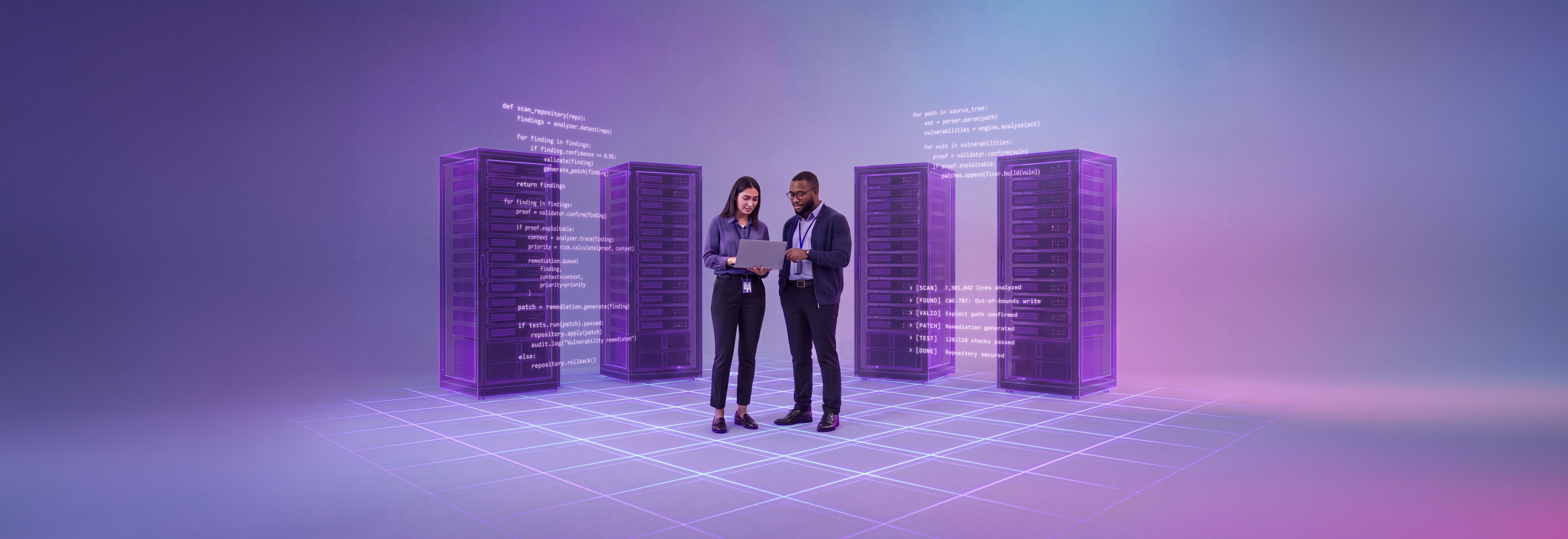 two programmers stand amongst servers and code