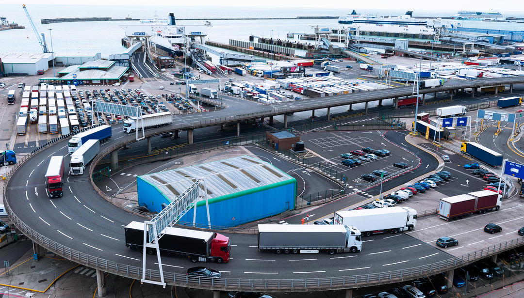 busy UK port with lorries