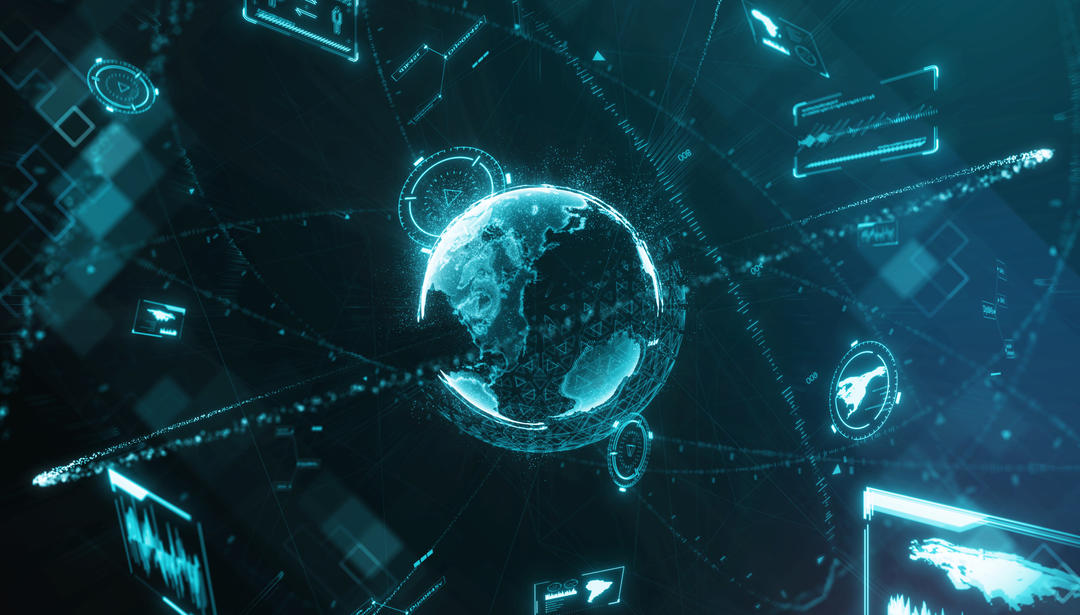 Glowing particle earth and orbital data network