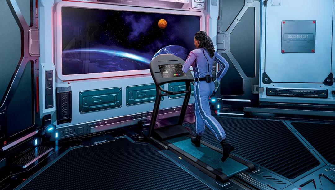 astronaut running on treadmill in space