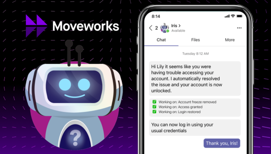 iris chatbot next to screen showing conversation between employee and iris