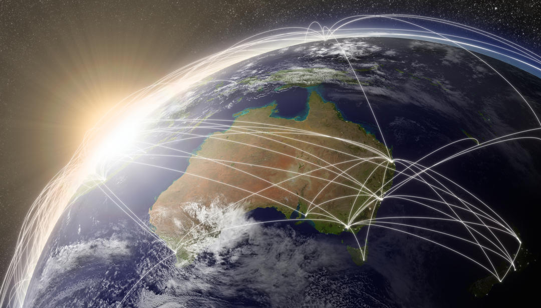 Australia with network representing major air traffic routes. Elements of this image furnished by NASA.