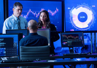 IT analysts in discussion over monitors