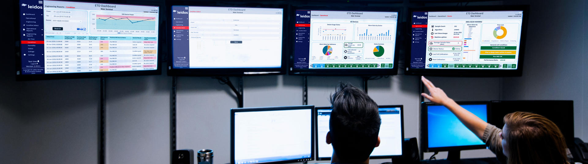 man and woman looking at dashboard screens