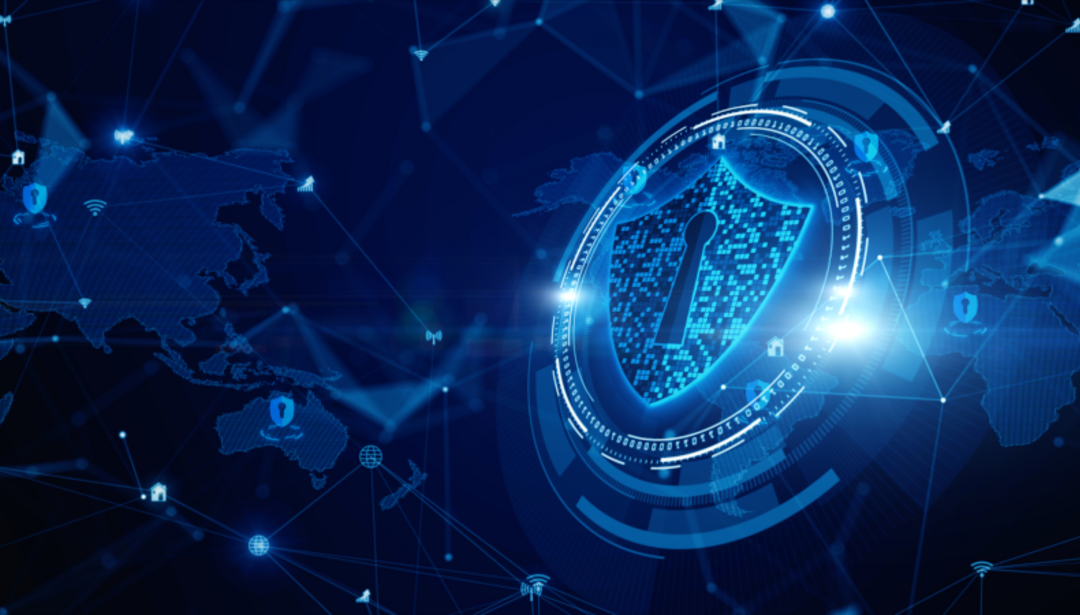 Blue cyber shield surrounded by geometric shapes