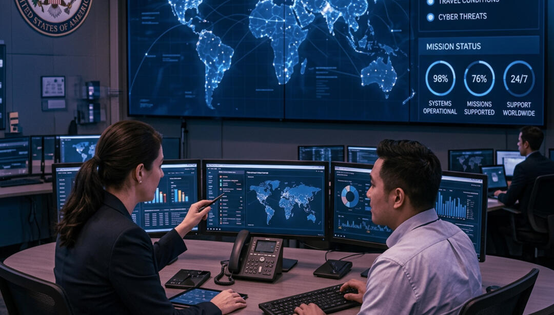Man and woman at a command center viewing maps on computer monitors 