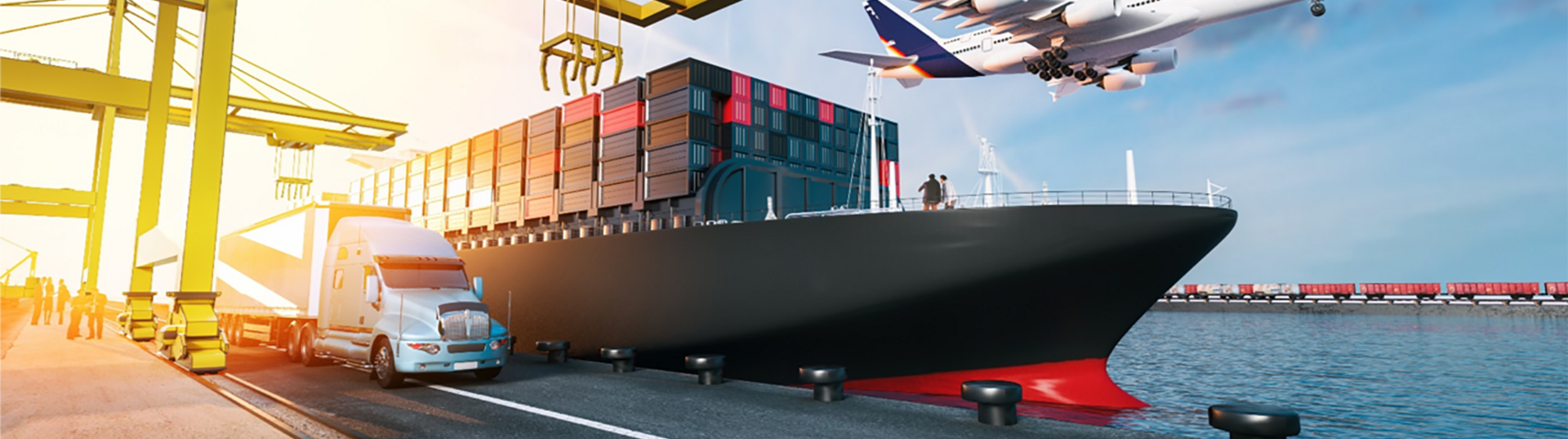 Airplane, cargo ship, and truck at waterway
