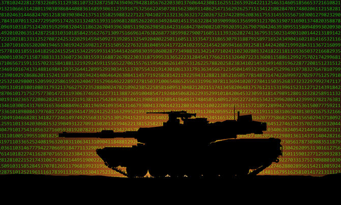 silhouette of tank with code in the background