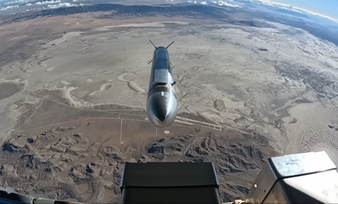 The Leidos small cruise missile, designated AGM-190A by the Air Force, being released from an AC-130J aircraft.
