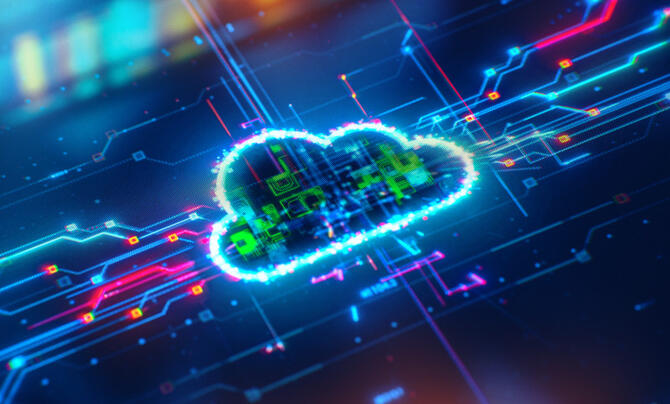 A cloud icon on an illustrated version of a microchip