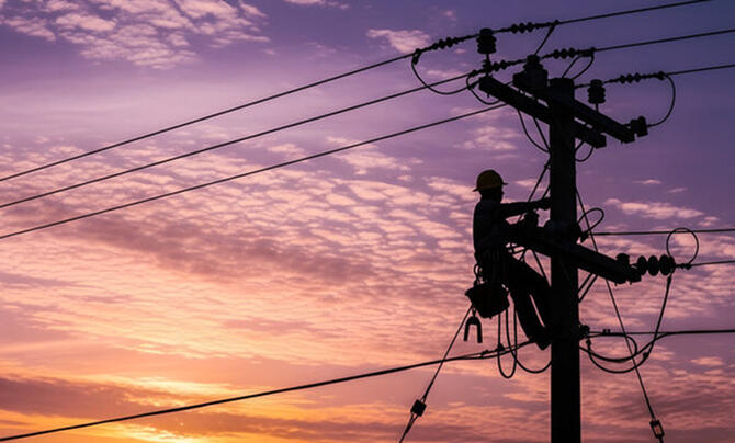 Lineman on a pole with sunset behind him