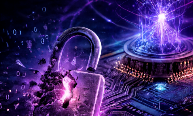 A digital rendering of an adversarial quantum bit (qubit) breaking a lock