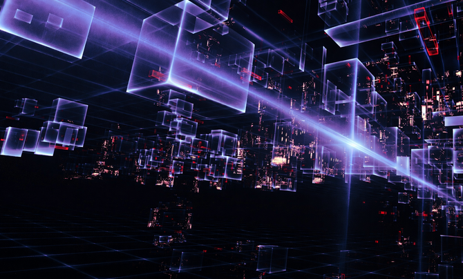A futuristic digital scene shows glowing transparent cubes floating in a dark grid space, intersected by beams of light. The composition suggests data flow or a virtual network environment.